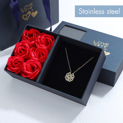 Valentines Special Heart Clover Necklace Gift Box