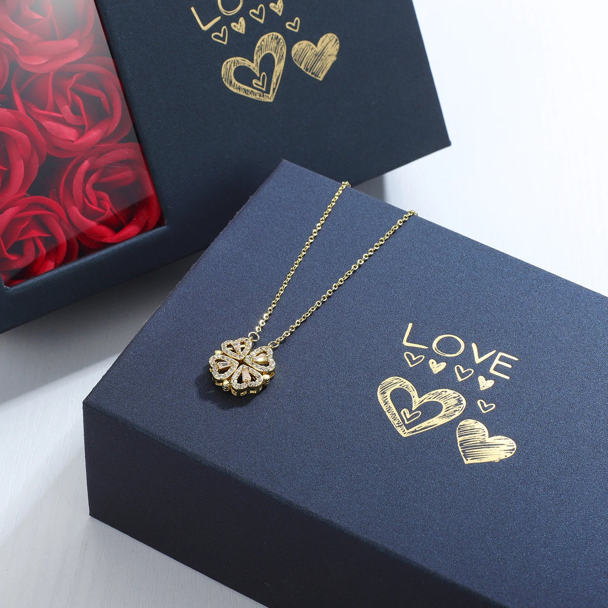Valentines Special Heart Clover Necklace Gift Box