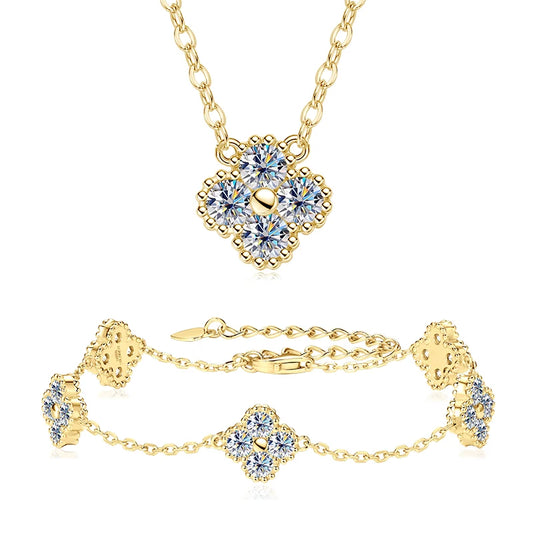 18k Gold Plated 925 Silver Clover Charm Moissanite Jewelry Set