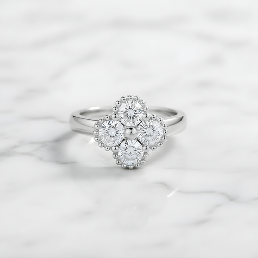 Four Leaf Clover Moissanite Ring 18k Gold Plated 925 Silver